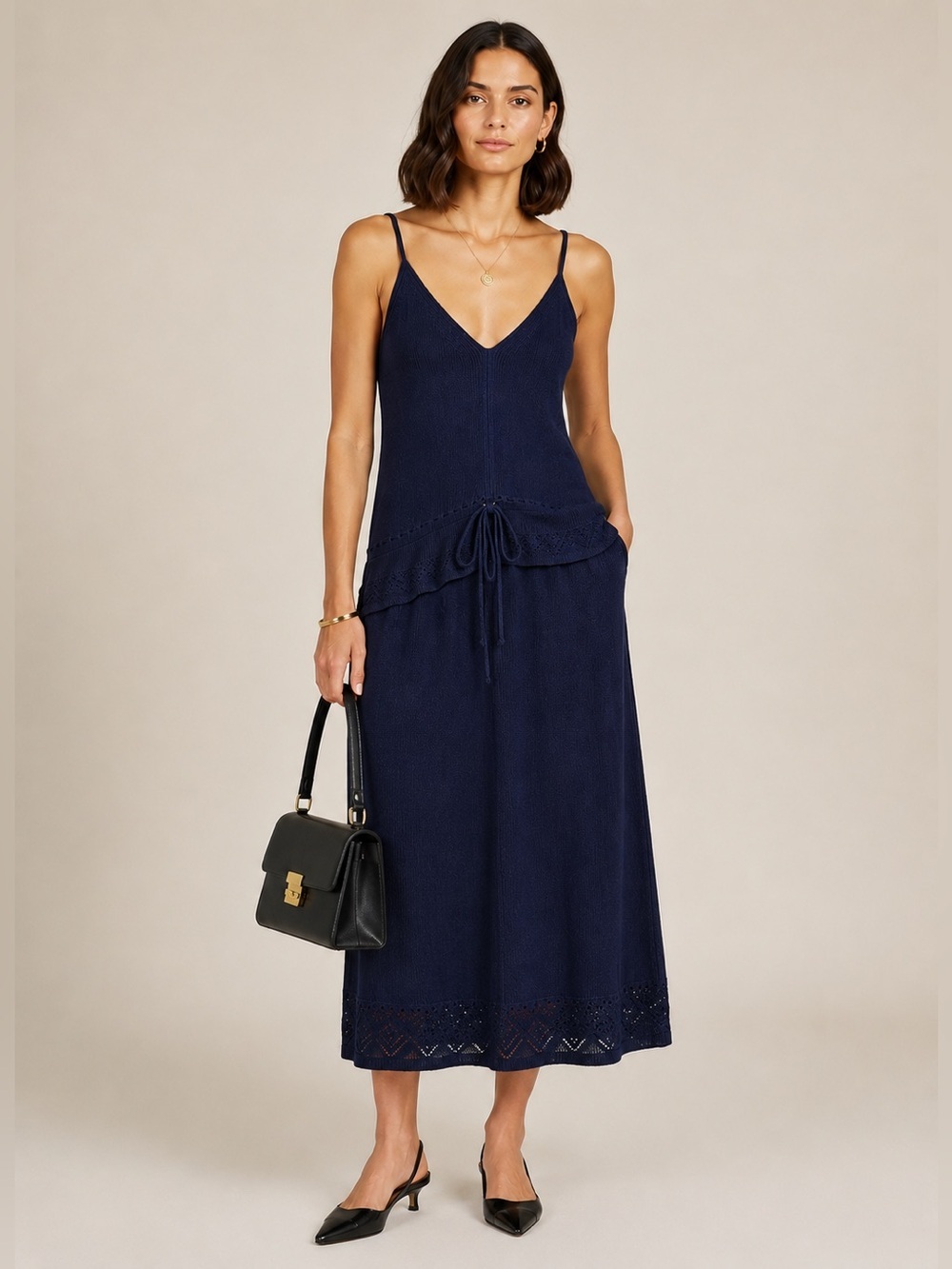 Comptoir Des Cotonniers | Knit Navy V-Neck Knit Midi Dress - Size XS